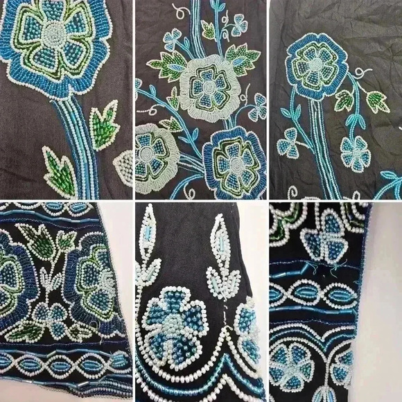 Vintage Women's Black Silk Blue Floral Beaded Sleeveless Shift Dress - Picture 16 of 16